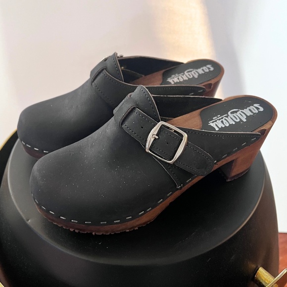 Sandgrens Suede Leather Clog Mules Navy Blue Wooden Platform Slip-On 37 EU NWOT - Picture 2 of 6